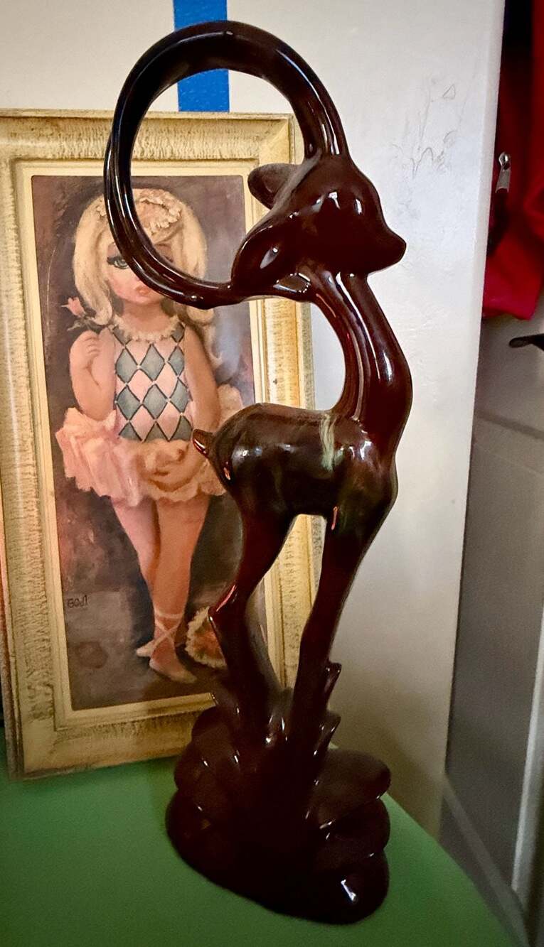 Vintage Tall Thin MCM Art Deco Style Deer Figure Statue Brown Drip Glaze